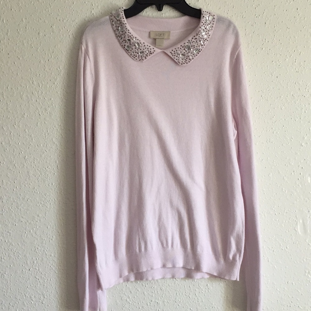 LOFT Embroidered Jeweled Neckline Sweater